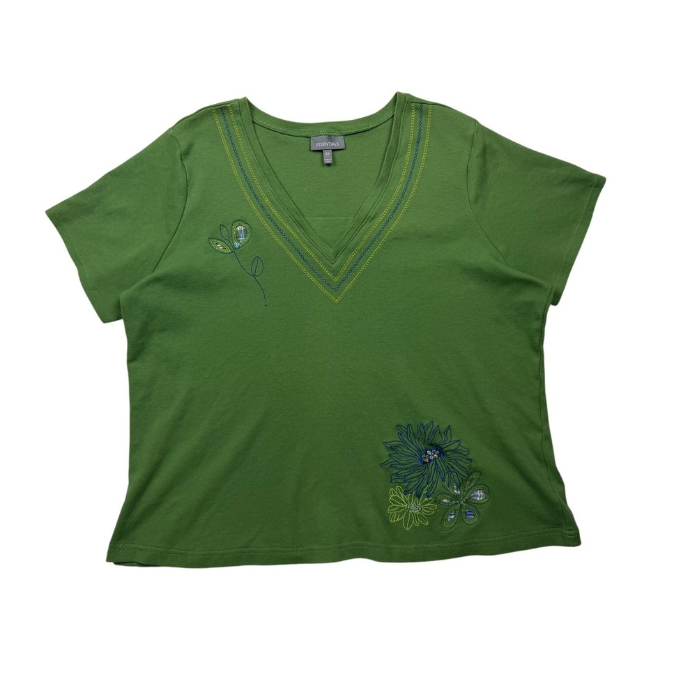 Essentials 2X Green Floral Embroidered Appliqué V Neck Cotton Top Plus Size